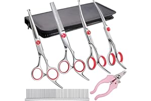 Elfirly Professionelle Hundepflege Schere Kit Edelstahl Runde Spitze Schneiden Ausdünnung Gebogene Schere Kämmen Pet Hair Trimming Schere Set mit extra Hund Nagelknipser für Hunde und Katzen
