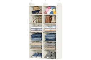 ALLTIDYUP Organizer Armadio da Appendere-Ripiano Pieghevole a Doppia Fila con 6 Scomparti,12 Tasche e 3 Ganci,Salvaspazio per Vestiti-Bianco,Ideale per Dormitori e Camera da Letto (Bianco, 6 Ripiani)