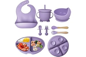 HOIDOKLY Baby Teller Kindergeschirr Sets, 8 Stücke Silikon Baby Geschirrset Mit Saugnapf Rutschfest Babyteller Schüssel mit Lätzchen Löffel Gabel Abwaschbar BPA Freie Babygeschirr für Baby(Lila)