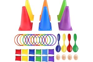 Waylipun Ring Toss Game Set, 4 In 1 Carnival Combo Set with Bean Bags Plastic Cones Throwing Rings Egg & Spoon Race Kit for Kids Children Adults Family Outdoor Indoor Yard Lawn Garden Games