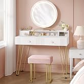 Hzuaneri Dressing Table with Stool and Lighting, Makeup Vanity, Dressing Table with Drawers, Upholstered Stool Pink, 40 x 90