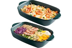 GOMETY Lot de 2 plats à gratin et moule à lasagnes en céramique, poignée, 23,5 x 13 cm, multicolore, émaillé, petit, rectangulaire, four, lasagnes, pâtisserie, gratin (vert foncé)