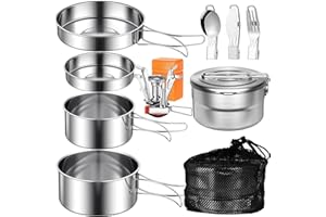 BILIPLE 10PCS Kit Cocina Camping Acero Inoxidable, Set Utensilios Cocina Camping Portátil con 1,5 L Olla de Camping, Sartenes, Platos, Cubiertos Plegable y Cocina, para Camping, Senderismo, Picnic