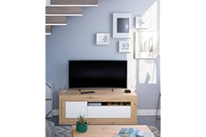 Dmora Mobile da Soggiorno Porta TV, Credenza Moderna con 2 Ante e 1 vano Aperto, Cm 139x42h53, Colore Rovere Effetto Nodi e Bianco