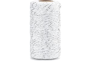 jijAcraft Silver White Cotton String: 100M Christmas String for Gift Wrapping, 2MM Durable Silver and White Cotton Twine for Crafts, Packing, Christmas Decorations