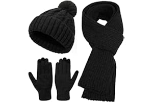 TAGVO Hiver Épais Ensemble Tricotés Femme, Chaud Bonnet Pompon Longue Echarpe Gants Tactiles 3 en 1, Hiver Tricoté Pom Bonnet Doublure Molleton, Hiver Ensemble pour Quotidiennes Cadeau d'hiver