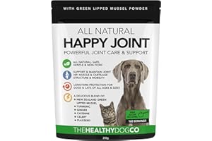 THE HEALTHY DOG CO Happy Joint 100 % Naturel - Soin des Articulations pour Chiens & Chats - 160 Doses - Soin Hanches et Articulations - Moule à Lèvres Vertes et Curcuma – Plus Sain que les Compléments de Glucosamine