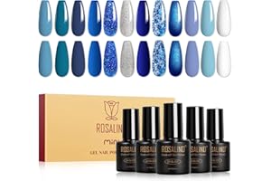 ROSALIND UV Nagellack Blau,12 Farben Himmelblauer Ozean Kobaltblau Marineblau Dunkelblau Glitzer Farbgel Gelnägel Shellac Blauer Soak Off UV LED Gel lack Weiß Silber Maniküre Geschenkset