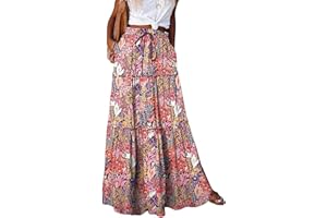 Byoauo Rock Damen Lang Boho Blumen Hohe Elastische Taille mit Taschen und Gürtel Maxi Skirt Faltenrock Strandrock Freizeitrock