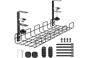 Under Desk Cable Management Tray,Ompinda 16" No Drill Metal Under Desk Cord Organizer, Wire Management Rack withwith Cable Clips for Office or Home Standing Desk (No Damage to Desk)