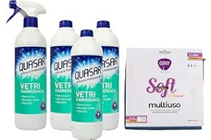 FEI FAN SET PULIZIA: Quasar VETRI con AMMONIACA, Detergente Senza Aloni, Sgrassa, Asciuga Rapido, 580ml + Panno In Microfibra Multiuso SOFT, 33x33 (Colori Assortiti) (1 Spray + 3 Ric + 1 Panno)