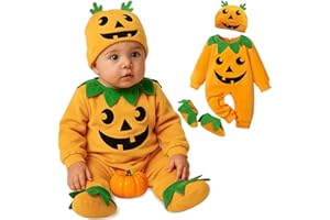 TENHCREEK 2 Pezzi Zucca Costume Neonato,Maniche Lunghe Vestito Zucca Neonato,Costume Zuccas Neonatos in Unisex,Costumes Zuccas Neonatos Tuta Con Cappuccio+Pantaloni Righe,Regali Natale per neonati (0-18 Mesi)