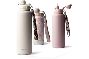 MAMEIDO Gourde Isotherme avec paille 500 ml, Bouteille Isotherme inox sans BPA, Gourde étanche & Poignée de Transport, Water Bottle (Ivory Beige)