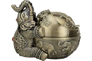 LAUYOO Vintage Decorative Windproof Ashtray with Lid for Cigarettes Metal Portable Cigarette Ashtray Odor Indoor Outdoor Hand Carved Fancy Gift ornament for Men Women (Bronze Elephant)