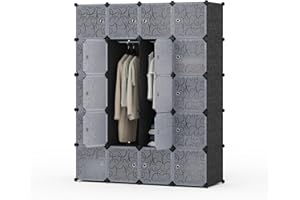 Mondeer Przenośna szafa, organizer do przechowywania z 3 wiszącymi szynami, 35 x 45 cm, 20 kostek z drzwiami, do sypialni, ubrań, butów, zabawek, czarno-białych, 145 x 47 x 181 cm