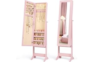 Multigot 2-in-1 Jewellery Cabinet, 3-Angle Adjustable Freestanding Jewellery Armoire with Full-Length Mirror, Mirrored Makeup Cosmetic Storage Organizer for Dressing Room Bedroom (Pink)