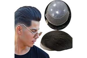 N.L.W. NLW Peluca Hombre Frente de Encaje Francés Peluquin Cabello Natural,Peluca humana real Hombres,8 * 10 pulgadas Densidad Media 110%（1B negro natural）