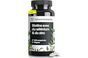 NATURAL ELEMENTS Biotine Complexe 365 Comprimés avec Zinc 10 mg et Sélénium 55 µg, 1000 µg pour Pousse Cheveux (1 an d'Approvisionnement), Favorise la Repousse des Cheveux, Peau & Ongles, 100% Vegan