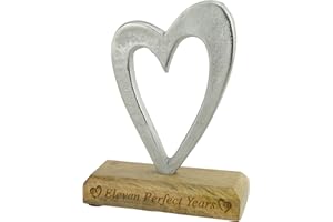 ANNIVERSARY GIFTS Eleven Perfect Years 11th Anniversary Rustic Metal Heart Decoration – Free Standing Aluminium & Wooden Decoration (hssperf-11)
