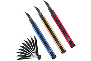 MANUFORE Lot de 3 pcs 9mm Cutter en Aluminium, 9mm Couteau Utilitaire Rétractable avec 10 Lame en Acier SK5 à 30 Degrés, Cutter Carton Métallique Rouge, Bleu et Or pour Papier, Artisanat