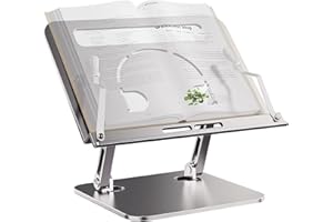 QINCOON Soporte para libros, altura y ángulo ajustables, soporte de aluminio para libros de cocina con clips de página, soporte ergonómico para lectura de escritorio para oficina, escuela, laptop, tableta
