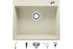 Fregadero Cocina 59 x 50 cm, Fregadero Granito Un Seno + Grifo + Sifón Pop-Up, Fregadero Empotrado Oslo 60 XL de Primagran, Beige