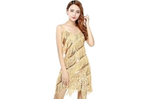 BellyQueen Women's Sequins Tassel Dance Costume 1920s Flapper Cocktail Party Dress Rumba Latin Ballroom Salsa Cha Cha Dress, OneSize Gold