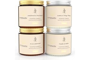 TTRWIN 4 Duftkerzen Set, Duftkerze Sojawachs Lange Brenndauer, Klein Duftkerze im Glas, Jasmin/Ylang Ylang, Sandelholz/Patchouli, Tannen/Zedernholz, Vanille/Amber, Geschenk für Frauen Männer