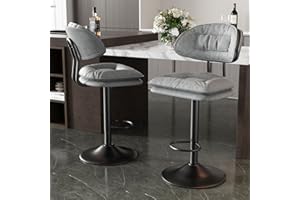 Hawthyhome Bar Stools Set of 2 |Ergonomic Upholstered with Back •Adjustable Double-Layer •Swivel Counter Height for Kitchen Island •Grey
