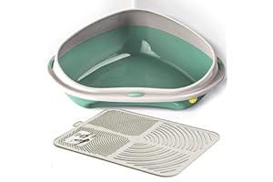 CAT CENTRE Green Large Corner Cat Litter Tray + Cream Nonslip Mat Set Box Loo Toilet Kitten Pad
