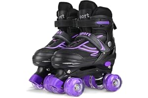 LOKJIJI Kids Roller Skates for Girls Boys Children Beginners, Adjustable 4 Sizes Quad Roller Skates for Kids and Youth with Light Up Wheels for Sports, Black & Purple
