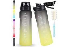 CodiCile Wasserflasche 1L, Sport Wasserflasche mit Strohhalm und Trinkanschlussdeckel, Zwei Wege zu trinken, auslaufsichere Wasserflasche, Büro, Schwarz & Gelb