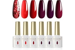 ROSALIND Esmaltes Semipermanentes Para Uñas Rojo,6 Colores Glitter Rojo Oscuro Granate Vino Pintauñas Semipermanentes Polish Kit Soak Off UV/LED Gel Uñas DIY Manicura Nail Art Set