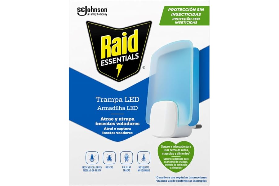 Raid Essentials Trampa LED Antimoscas, Antimoscas de Fruta y Antipolillas, Sin Insecticida, Seguro para Toda la Familia, Inod