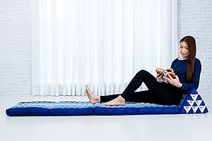 Leewadee 4-krotnie składana mata z trójkątną poduszką – twarda poduszka TV, składany materac z poduszką z ekologicznego kapoka, Niebieski