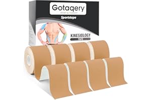 Gotaqery Kinesiology Tape (4 Rolls Pack), Waterproof Elastic Muscle Support Tape for Exercise, Sports & Injury Recovery, Breathable & Latex Free, 5cm x 5m Per Roll (Beige)