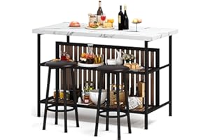 HOOSENG Kitchen Island with Seating Small Dining Table and Chairs Set for 2, Space Saving Breakfast Bar Table and Stools Set with Storage Shelve, White