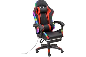 Baroni Home Silla Gaming Ergonómica con Cojín Lumbar, Luces LED Regulables y Reposapiés Extraíble, Silla de Oficina con Respaldo Inclinable y Altura Ajustable, Roja, 68x66x125-133 cm