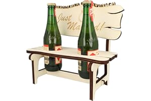 WORTGEFECHTE XXL Echtholz Bierbank mit Gravur Just Married| Holzbank für 2 Bierflaschen | Hochzeitsgeschenk für Brautpaar | Geschenke Paare | Geschenk für Pärchen | Geburtstag | Jubiläum | Proseccobank
