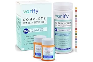 Varify 17 in 1 Complete Drinking Water Test Kit - 100 Strips + 2 Bacteria Tester Kits - Well, Tap, Home, City Water Testing Strip for Lead, Alkaline, Chlorine, Hardness, Iron, Fluoride, Copper & More