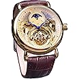 FORSINING Luxury Men's Watch with Moon Phase & Tourbillon, Retro Skeleton Hollow Self-wind Mechanical Wristwatch, Leather Belt Automatic Movement Men Watches