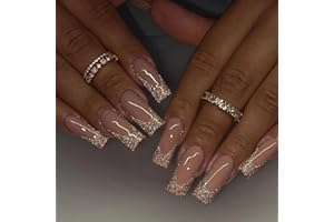 AGASAR 24pcs French Tip False Nails Long Coffin Glitter Gold Edge Stick on Nails Nude Press on Nails Removable Glue-on Nails Fake Nails Women Girls Nail Art Accessories