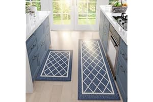 BEQHAUSE-Kitchen-Rugs-Non-Slip-Kitchen-Mats-for-Floor Machine Washable Kitchen Rugs 2 Pieces Navy Blue Kitchen Runner Carpet with TPR Backing, Rolled Packaging, 50X76cm+50X122cm