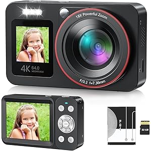 64MP Compact DSLR 4K with 16X Digital Zoom Dual Screen Camera for Photo, Video and Selfie with Audio, 32GB SD Card, Anti-Shak