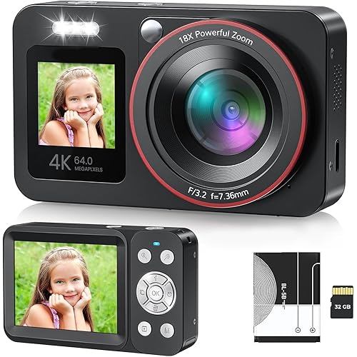 64MP Compact DSLR 4K with 16X Digital Zoom Dual Screen Camera for Photo, Video and Selfie with Audio, 32GB SD Card, Anti-Shak