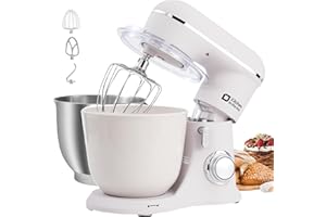 Kitchen in the box Robot Pâtissier, 4.5L+5L 2Bols Robots de Cuisine, 10 Vitesses Batteur Electrique Cuisine, 1300W Pétrin Professionnel avec Fouet, Batteur, Crochet (Blanc)