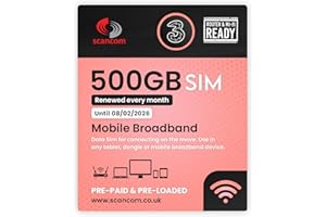 SCANCOM Three Data SIM - 5G Business-Grade Data Renewed Monthly - Perfect for Wifi Routers, Tablets & Phones - Choose your Data Expiry Date (500GB Preloaded until 08/02/2026)