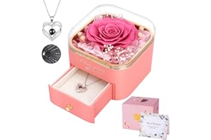 FIRESTYLE Preserved Pink Real Rose with I Love You Necklace in 100 Languages,Eternal Flowers Gifts for Her Women Mum Wife Girlfriend on Christmas Valentines Day Mothers Day, Anniversary Birthday Gifts for Her