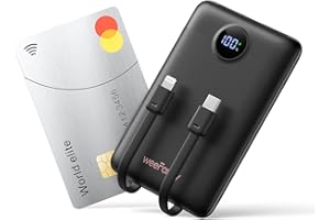 Batería Externa Carga Rápida 10000mAh, WeeFancy Mini Power Bank con 2 Cables Integrados USB C, PD 22.5W Pequeña Compacto Cargador Portátil Universal para Tipo C y iPhone 16/15/14/13/12/Samsung/Android