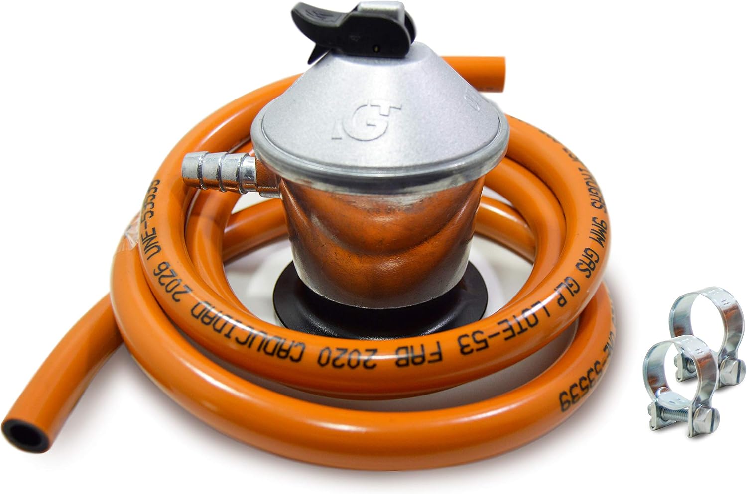S&M 321771 - Kit completo butano: Regulador de gas butano + Tubo Goma 1,5 metros + 2 abrazaderas de seguridad | Homologado para España | Apto para cocinas, estufas, calderas y barbacoas